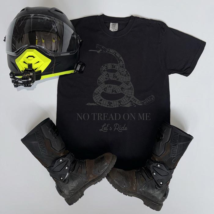 The No Tread on Me motorcycle t-shirt was inspired on a motorcycle BDR adventure when I realized I did not have enough tread on my tires.